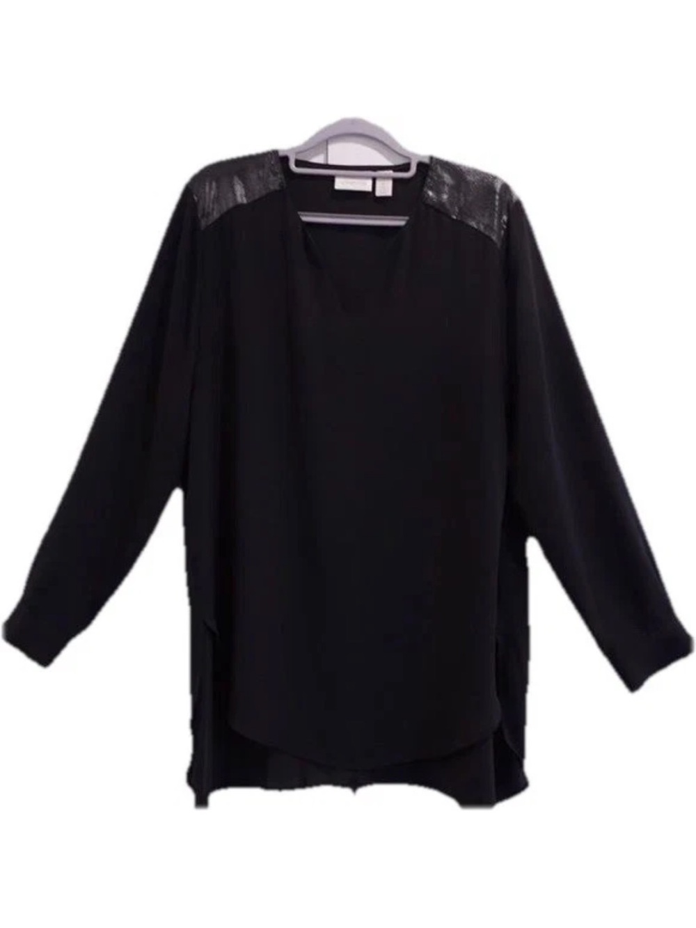 Chico’s LS V Neck Chiffon Blouse Metallic Shoulder Detail Sz 1 M 8 Black Shimmer